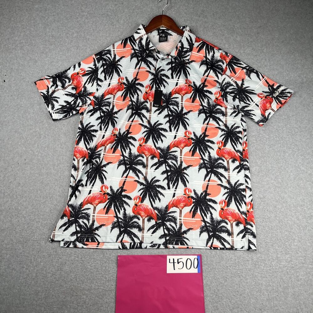 Golf Gods Polo Shirt 2XL Flamingos Tropical Performance Stretch New NWT Mens